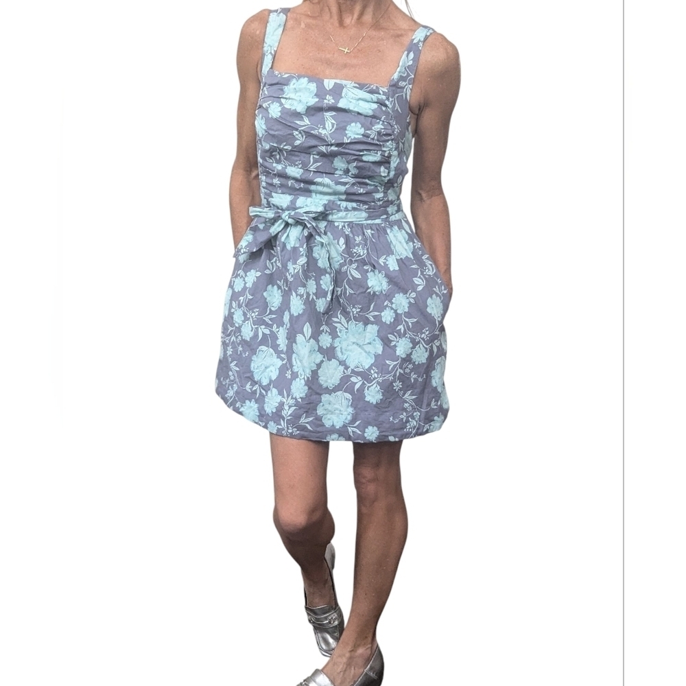 Free People Floral Open Back Mini Dress Blue Ruched Size S - Picture 2 of 12